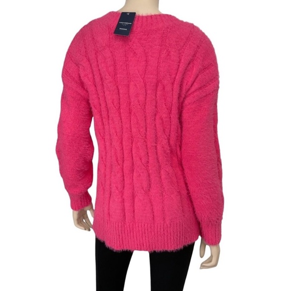 Lucky Brand Women Hot Pink Cable Knit fuzzy Eyelash V Neck size M - Picture 2 of 5